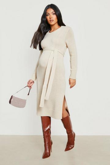 Maternity Crew Neck Sweater Midi Dress stone