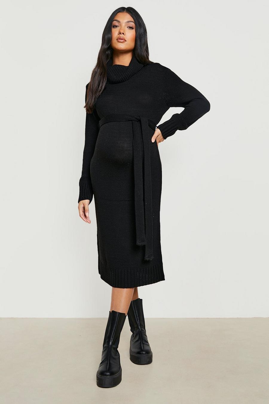 Black Maternity Cowl Neck Sweater Midi Dress