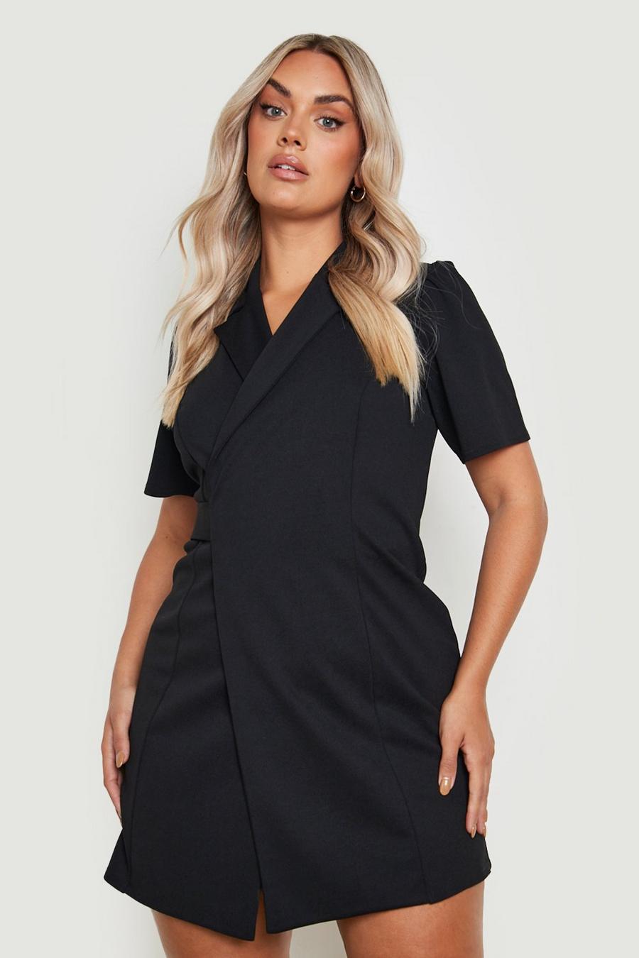 Black Plus Short Sleeve Wrap Blazer Dress image number 1