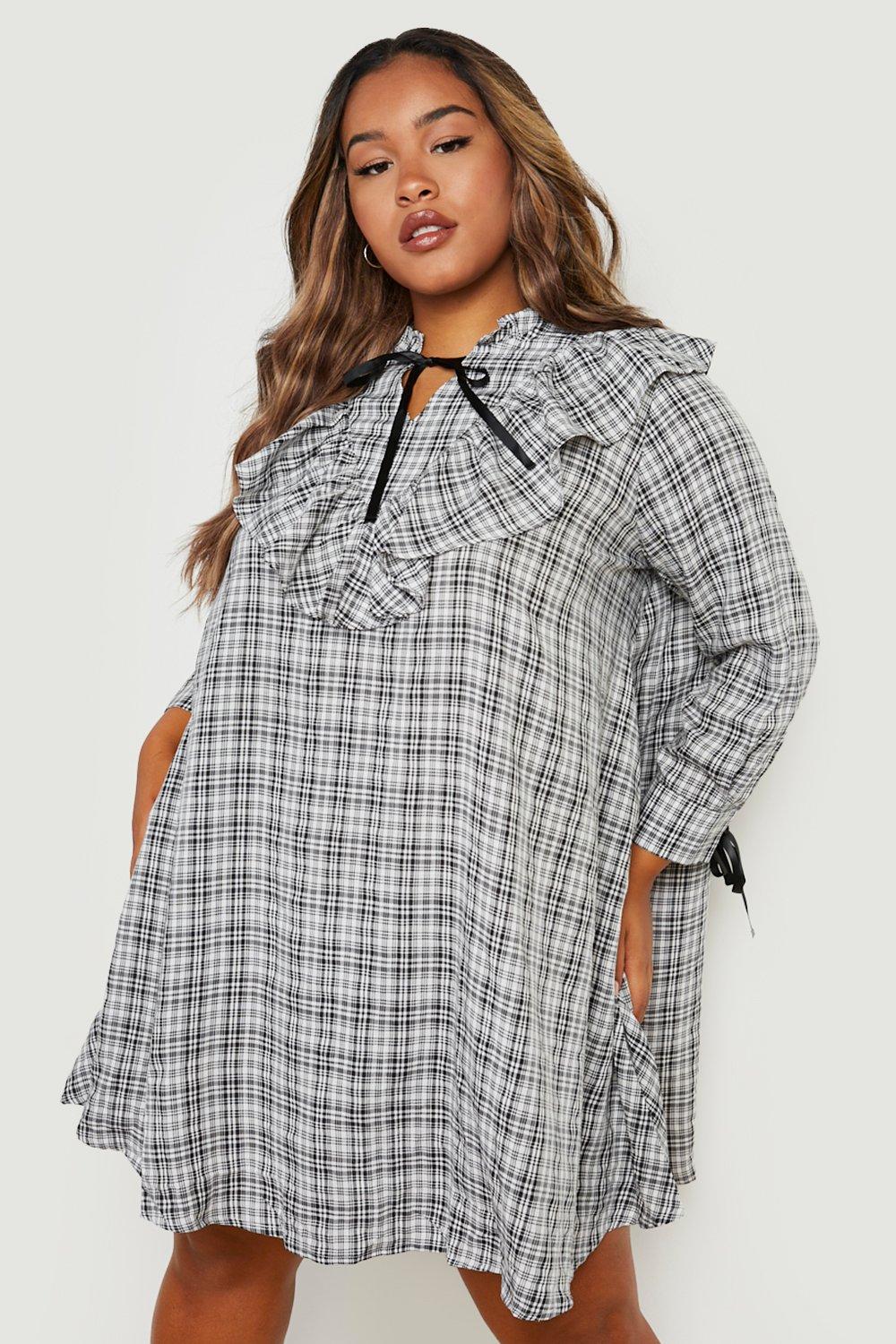 Plus Check Ruffle Woven Smock Dress | boohoo