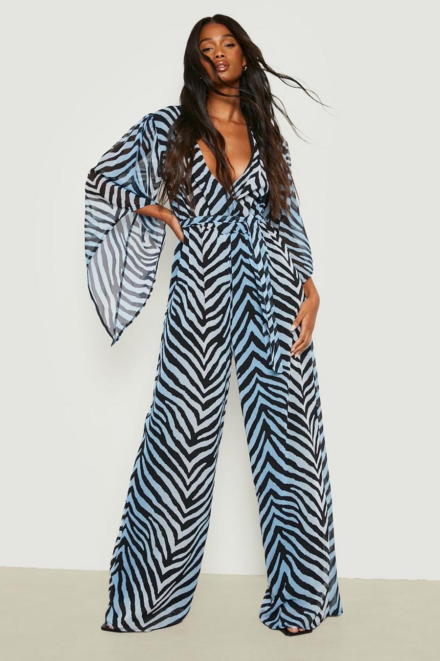 Powder blue Zebra Print Volume Sleeve Jumpsuit 
