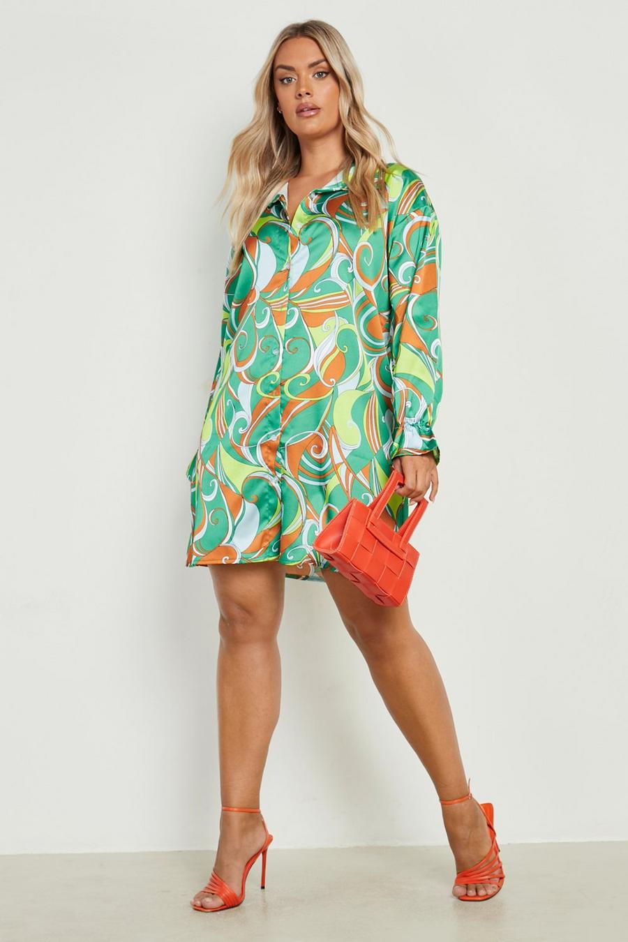 Green Plus Satin Abstract Print Shirt Dress image number 1