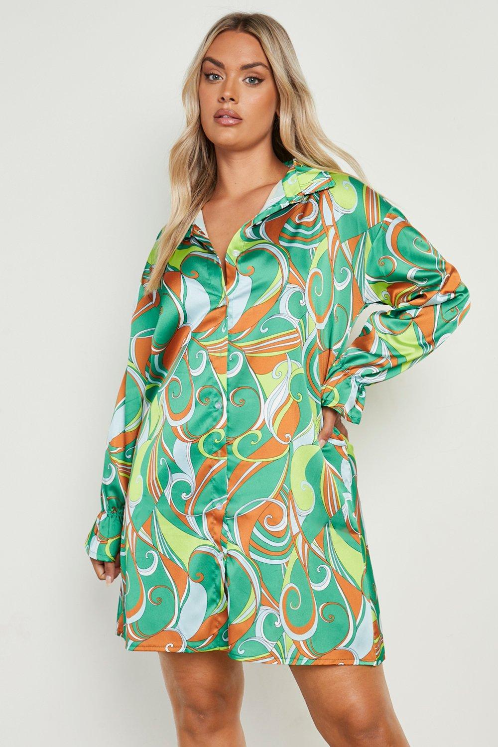 Plus Satin Abstract Print Shirt Dress boohoo CA