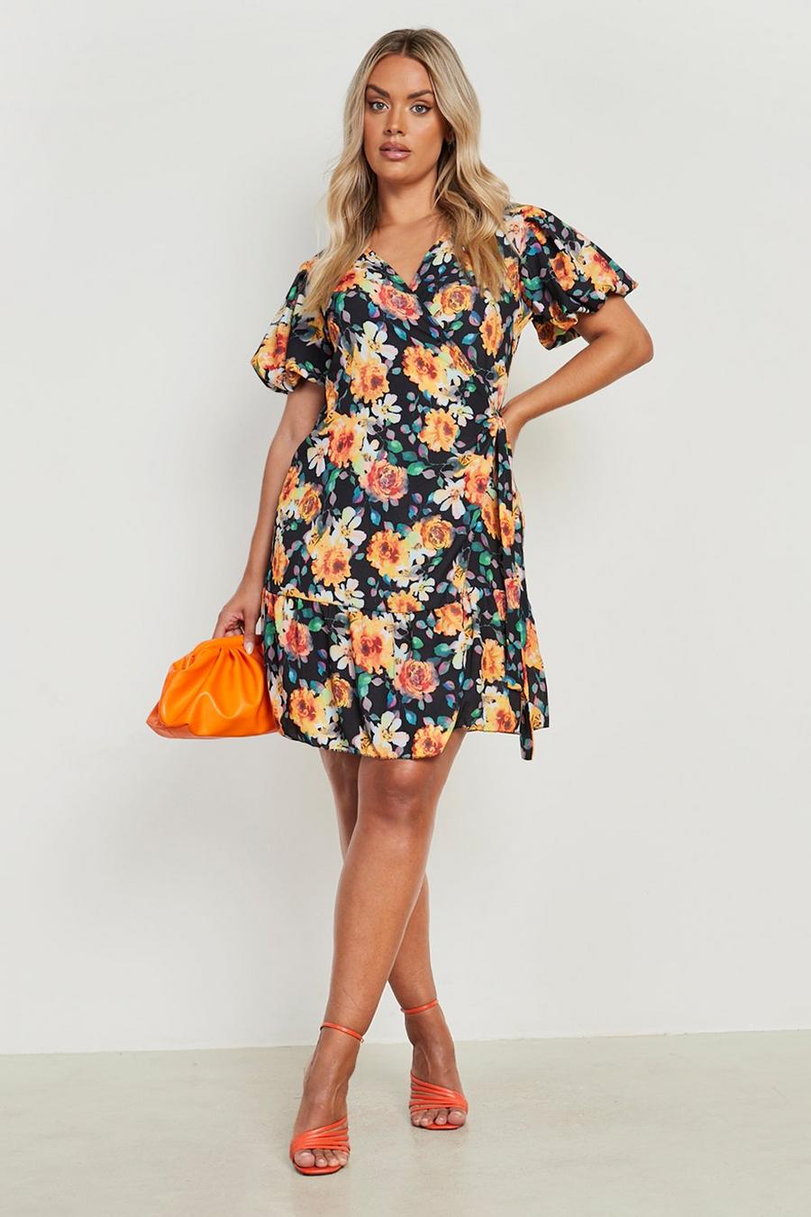 Women's Plus Floral Puff Sleeve Wrap Midi Dress | Boohoo UK
