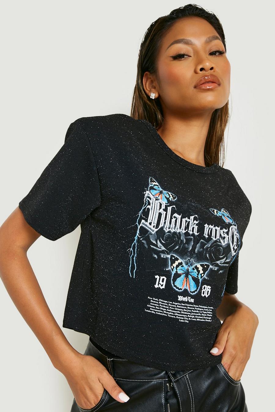 Black Megan Fox Shoulder Pad Glitter Graphic Crop Tshirt