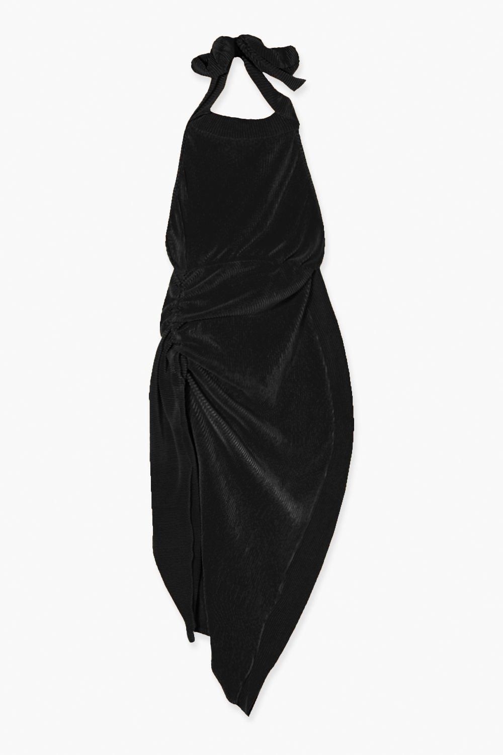 Black Plisse High Neck Low Back Maxi Dress