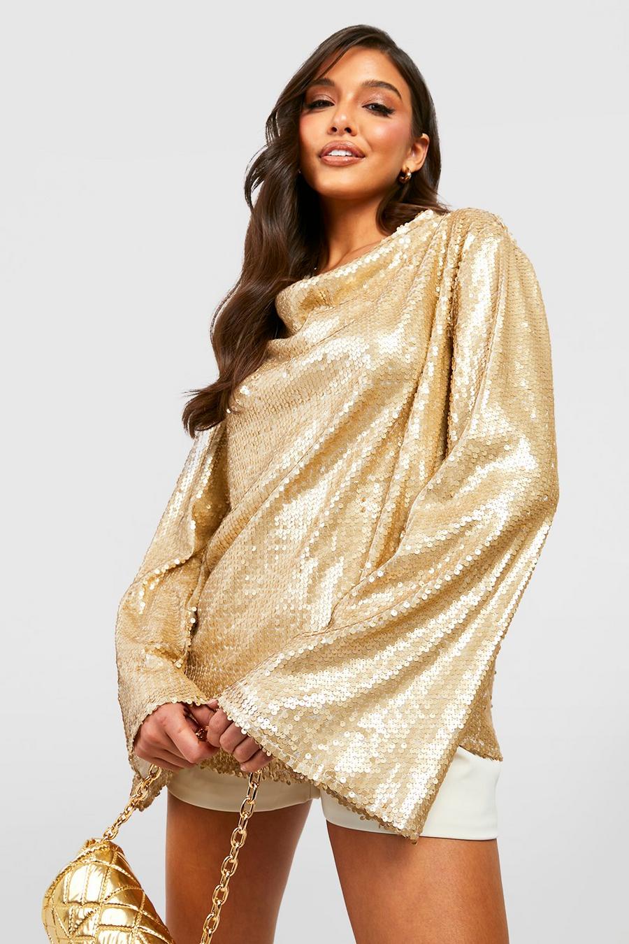 Gold Cowl Flare Sleeve Sequin Blouse image number 1