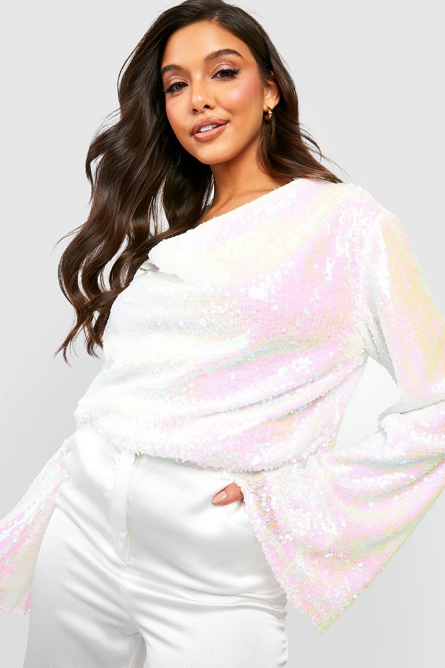 White Cowl Flare Sleeve Sequin Blouse image number 1