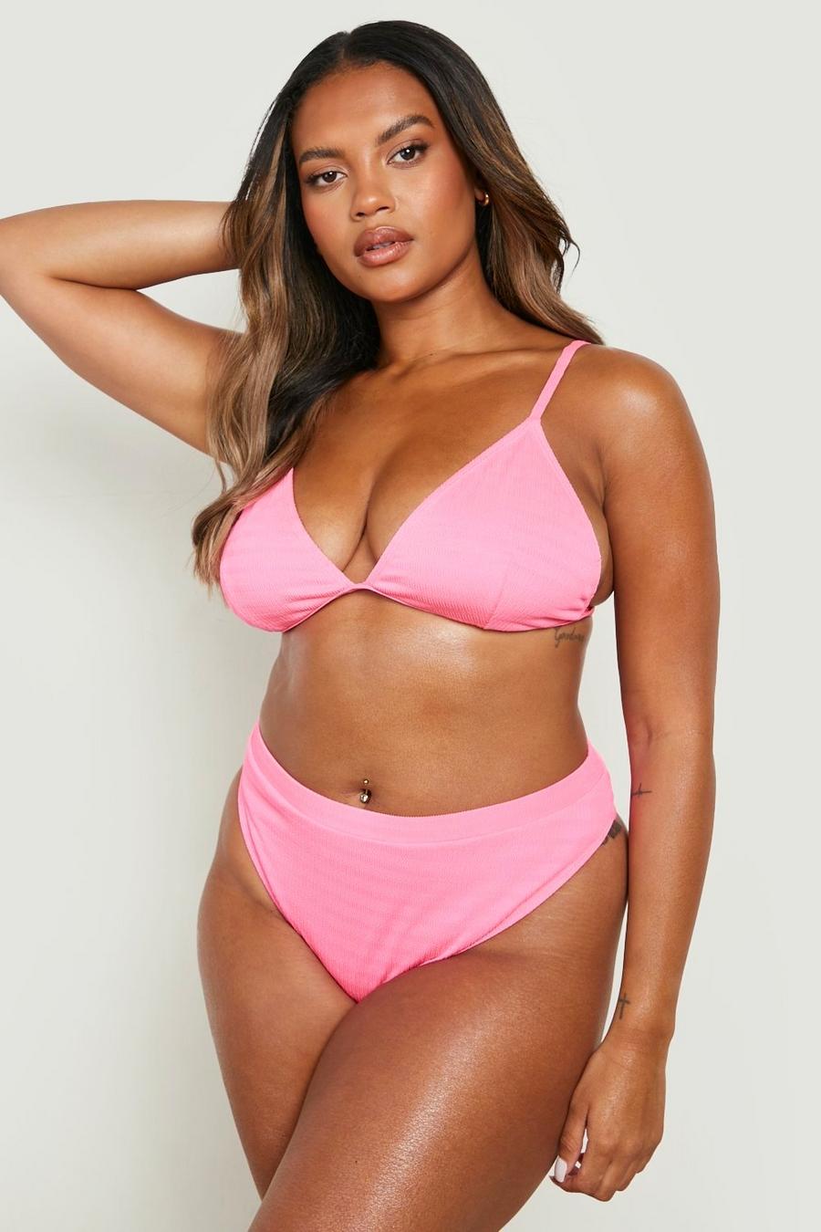 Hot pink Plus Textured High Waisted Bikini Bottoms image number 1