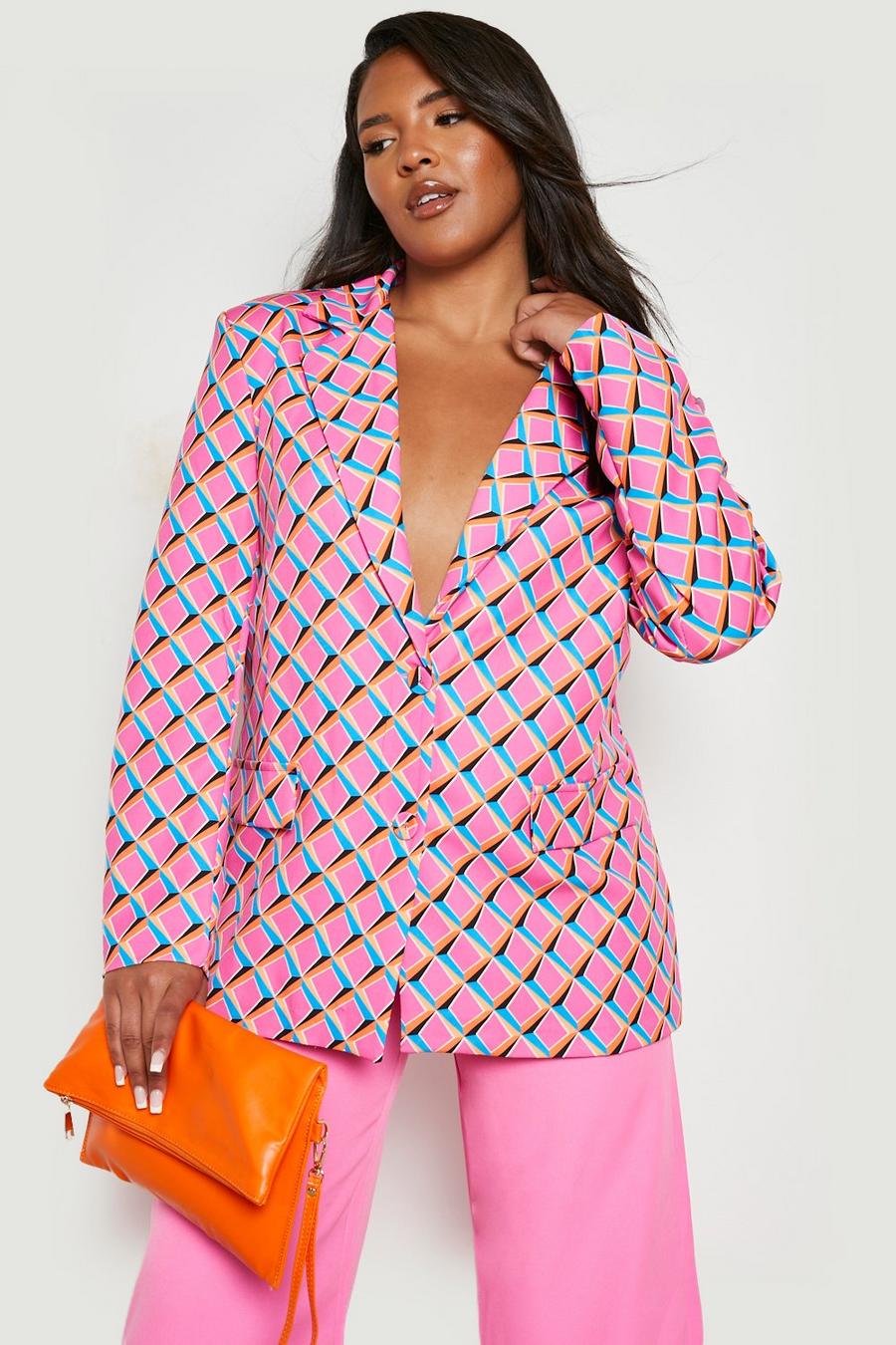 Pink Plus Geo Print Plunge Front Tailored Blazer