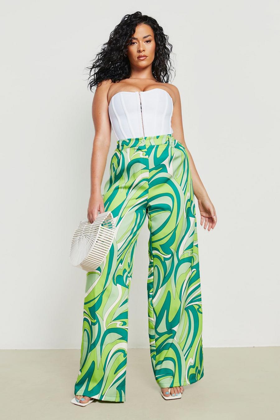 Green Plus Abstract Print Wide Leg Pants image number 1