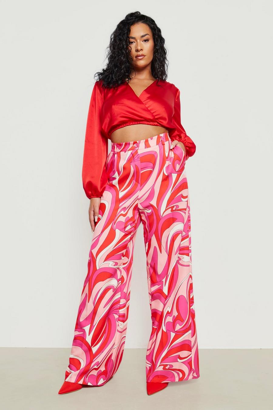 Grande taille - Pantalon large à imprimé abstrait, Pink image number 1
