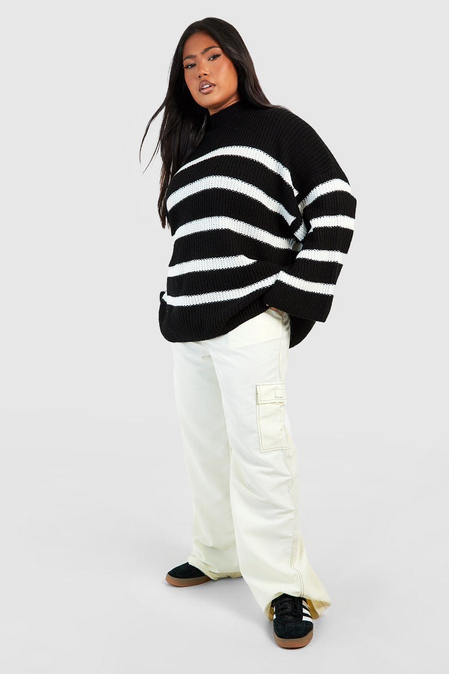 Black Plus Wide Sleeve Striped Sweater