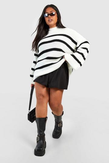 Cream White Plus Wide Sleeve Striped Sweater