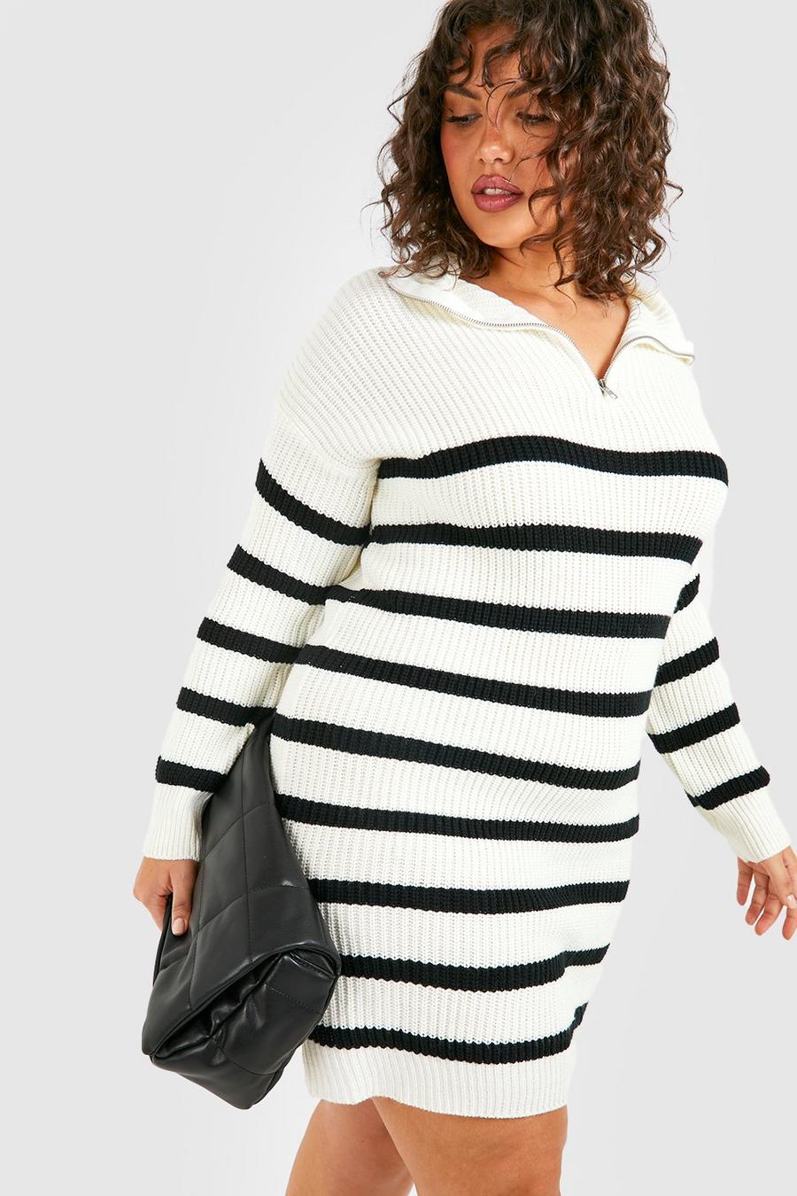 Cream Plus Half Zip Striped Sweater Dress image number 1
