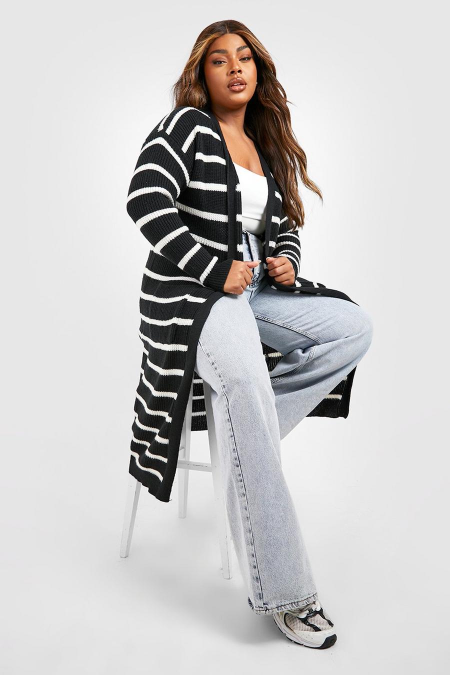 Black Plus Striped Longline Cardigan 
