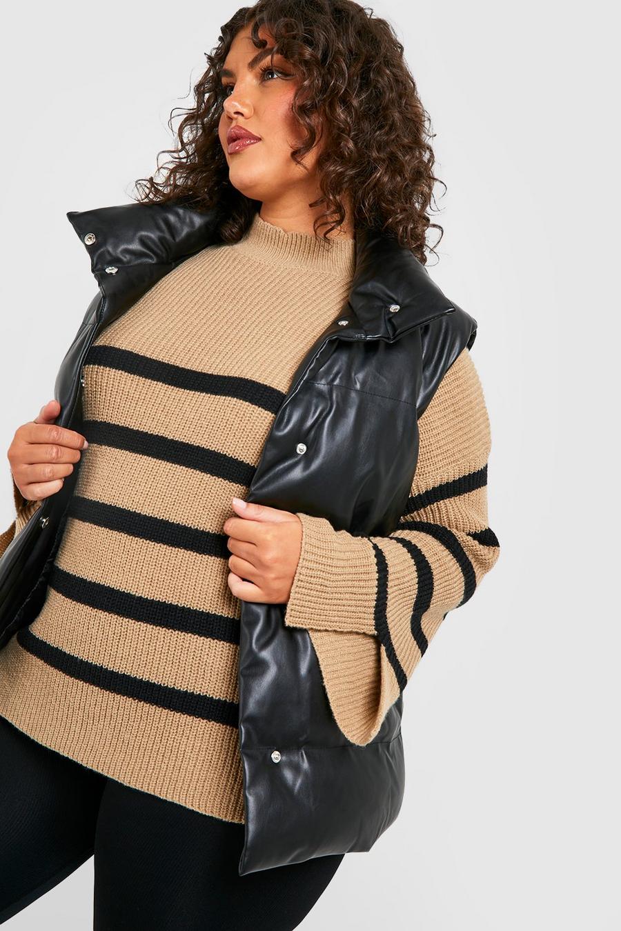 Beige Plus Striped Split Sleeve Sweater image number 1