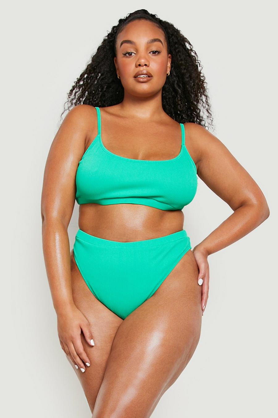 Grande taille - Bikini côtelé avec haut brassière et bas taille haute, Green image number 1
