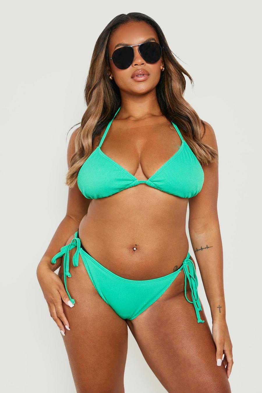 Plus gerippte Mix & Match Bikinihose mit seitlicher Bindung, Green image number 1