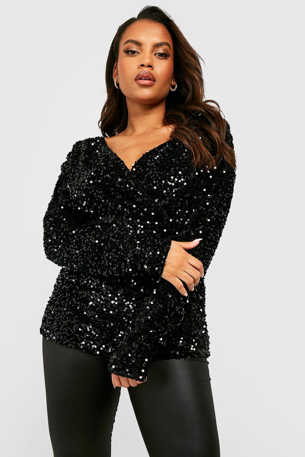 Black Plus Velvet Sequin Off Shoulder Top boohoo UK