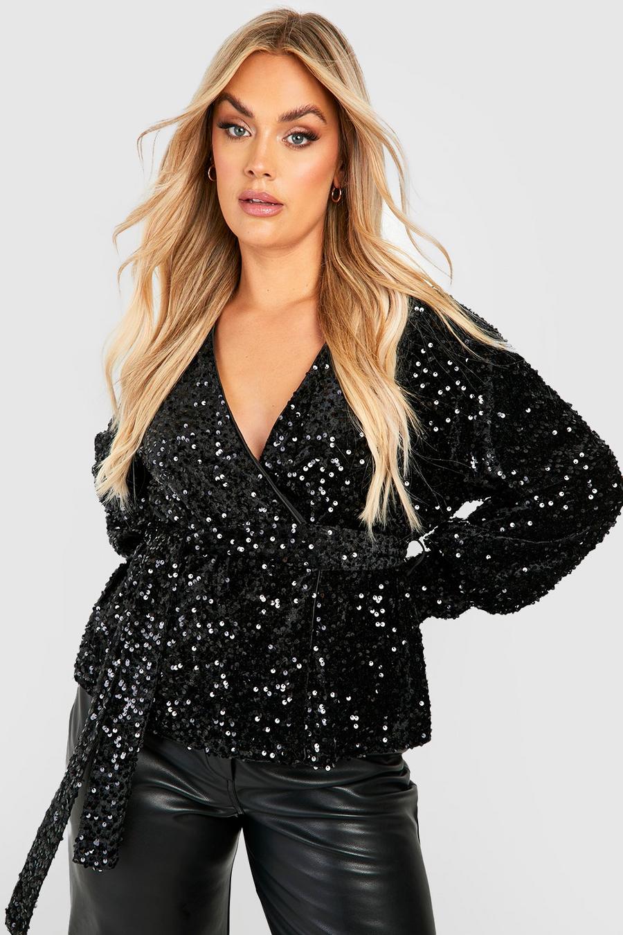 Top scaldacuore Plus Size in velluto con paillettes, Black image number 1