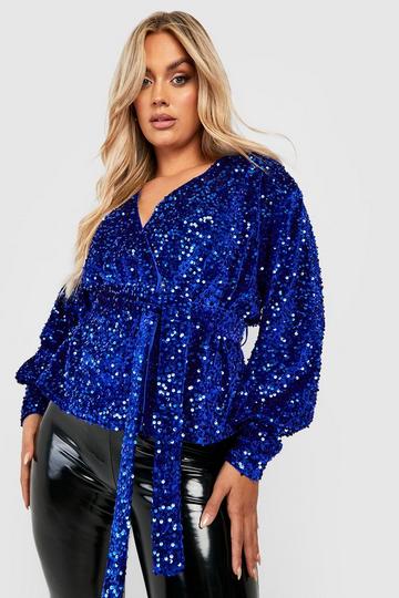 Plus Velvet Sequin Wrap Top cobalt