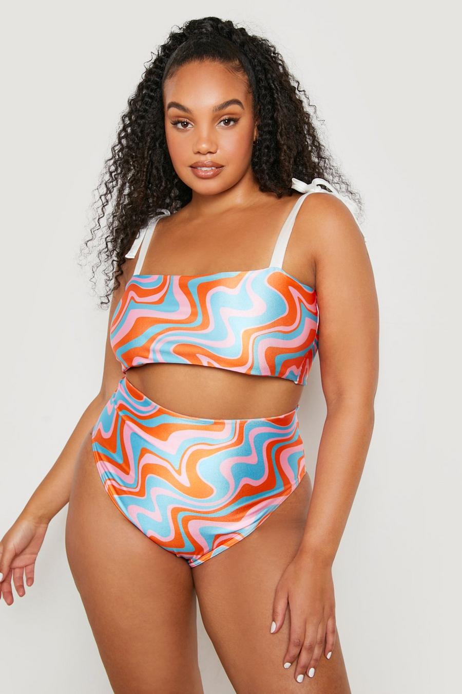 Multi Plus Wave Print Tie Shoulder Bikini image number 1