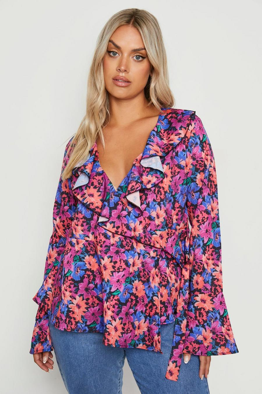 Multi Plus Floral Ruffle Wrap Blouse image number 1