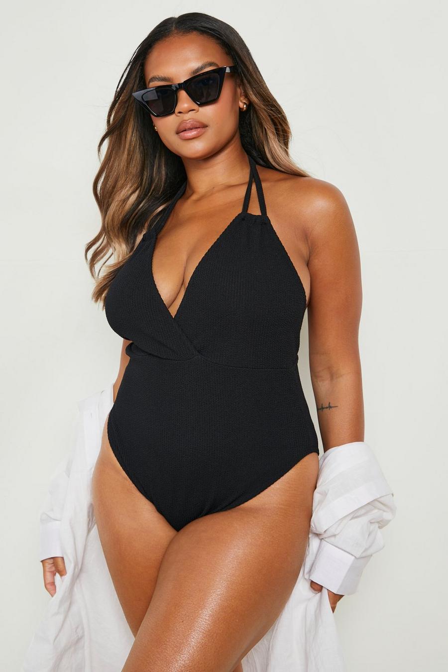 Black Plus Crinkle Wrap Front Swimsuit image number 1