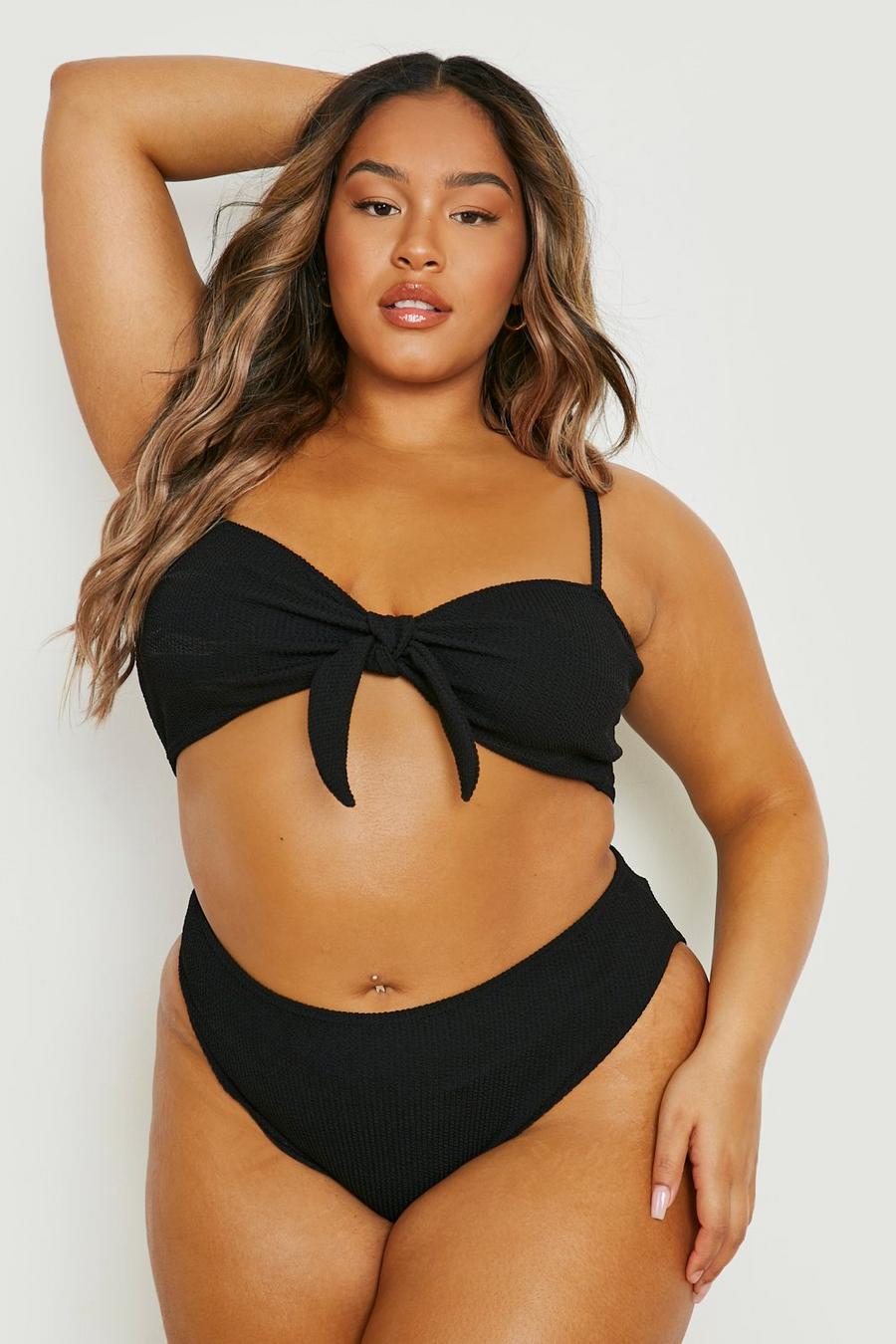 Grande taille - Bikini taille haute plissé, Black image number 1