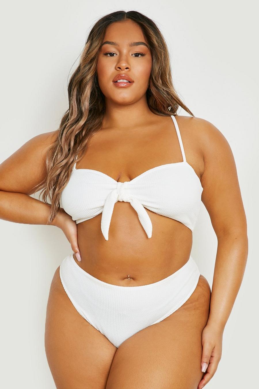 White Plus Crinkle Tie Front High Waisted Bikini image number 1