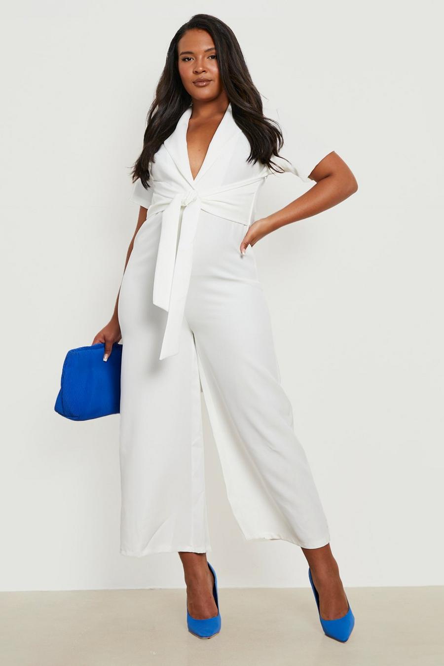 White Plus Woven Front Knot Culotte Jumpsuit image number 1