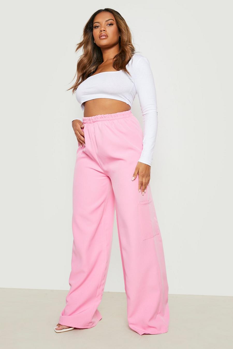 Baby pink Plus Elasticated Waist Pocket Cargo Trousers