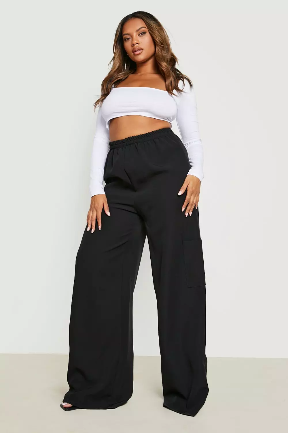 Plus Size Black Wide Leg Trousers Elasticated Waistband With Pockets