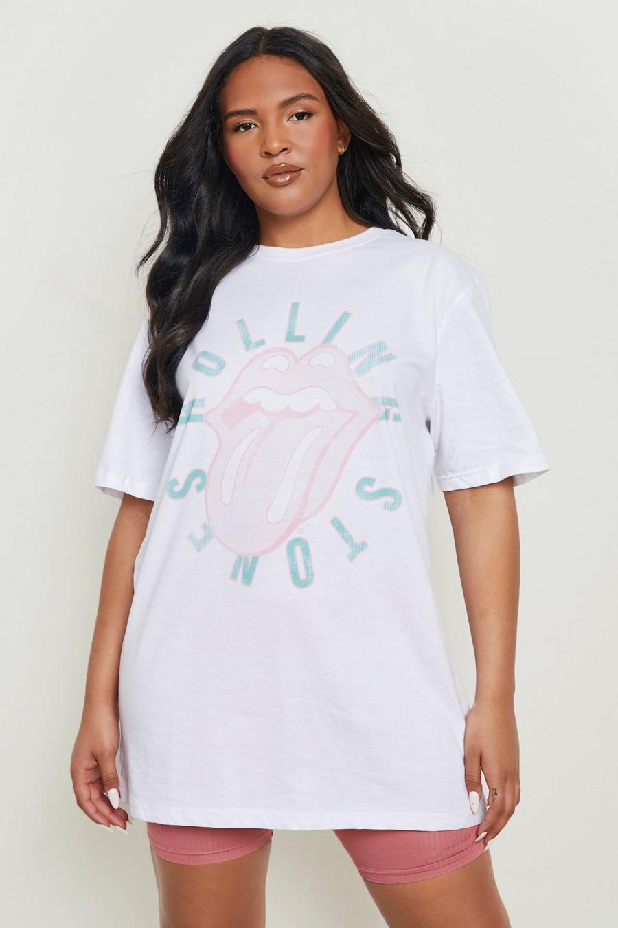 Camiseta Plus con estampado de los Rolling Stones en tonos pastel, White image number 1