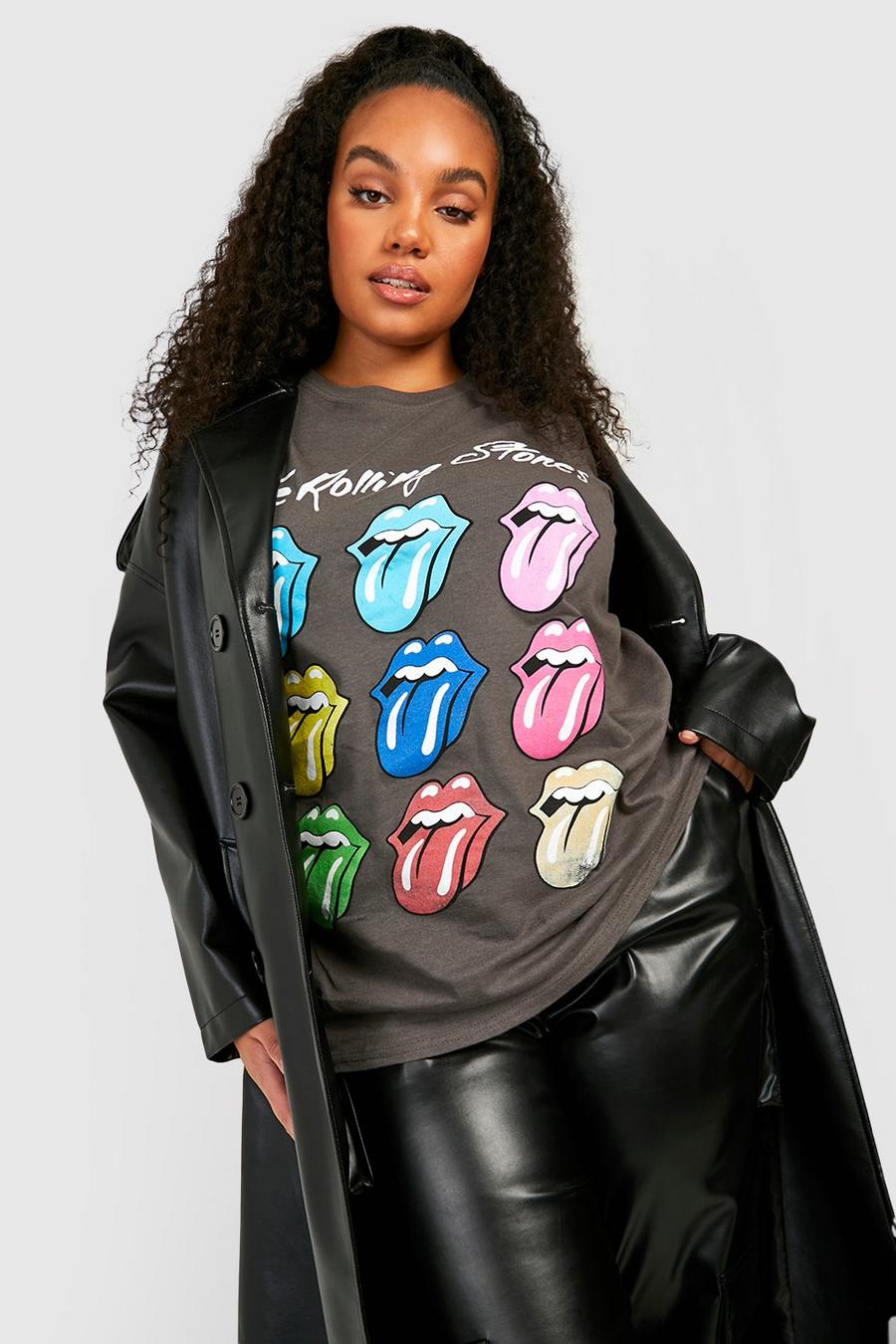 Plus T-Shirt mit lizenziertem Regenbogen Rolling Stones Print, Charcoal image number 1