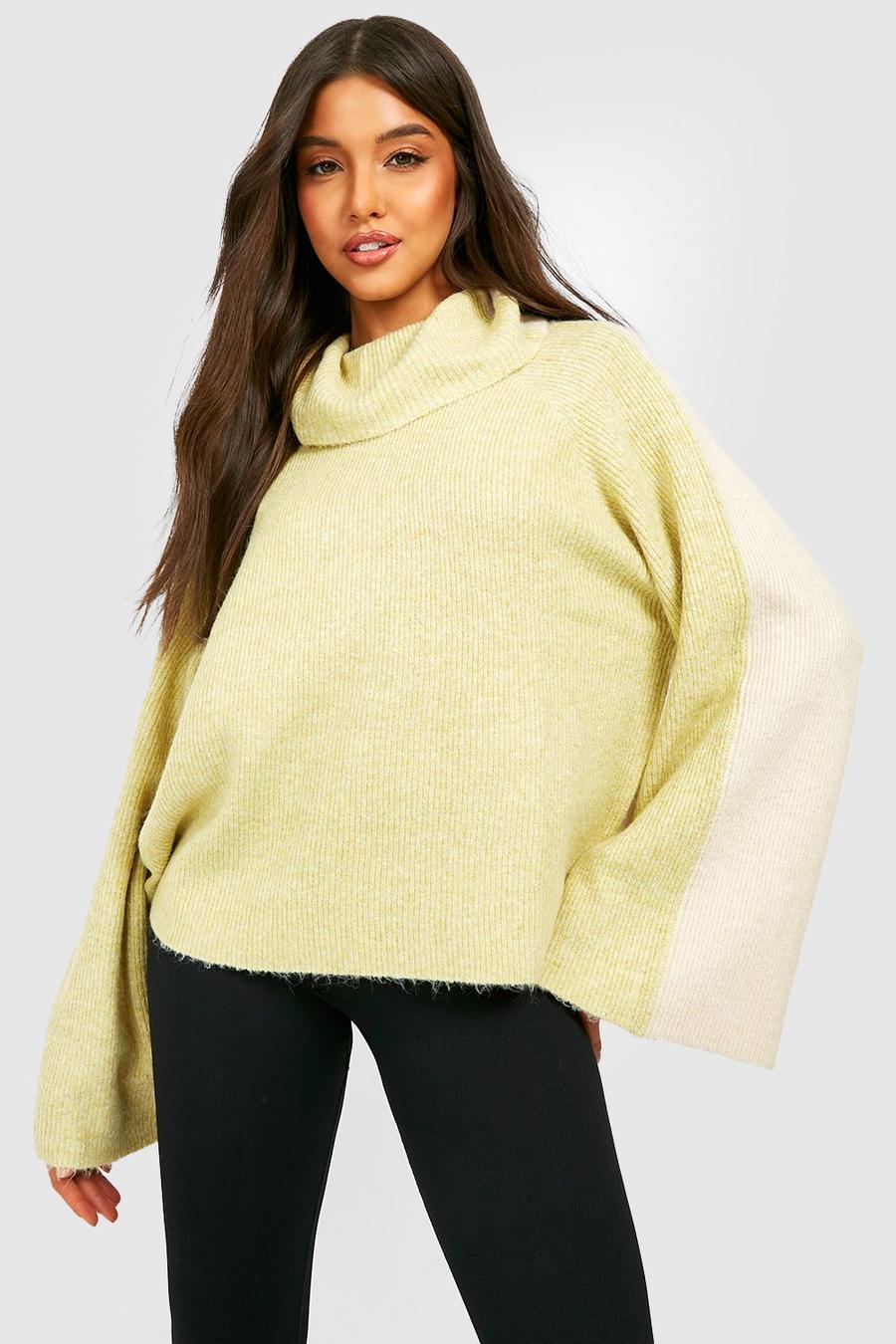 Citrus green Roll Neck Colour Block Knitted Jumper image number 1