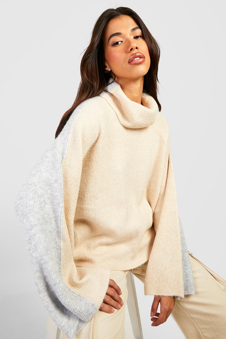Cream Roll Neck Colour Block Knitted Jumper image number 1