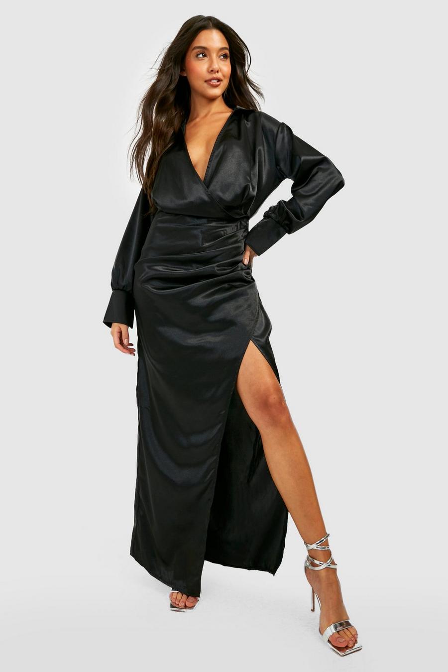 Black Satin Wrap Maxi Shirt Dress image number 1