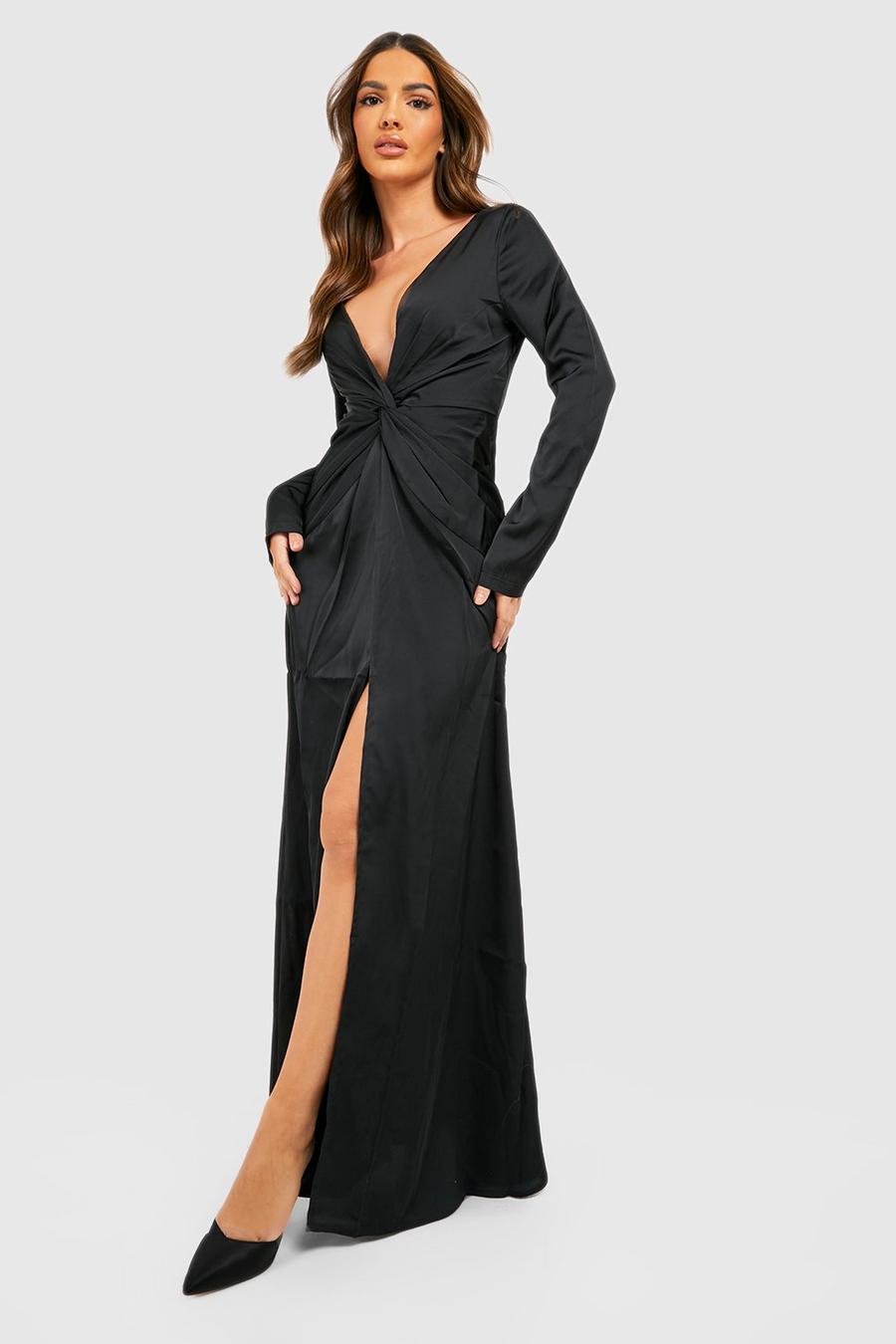שחור שמלת סאטן מקסי עם שסע ועיטור מפותל image number 1