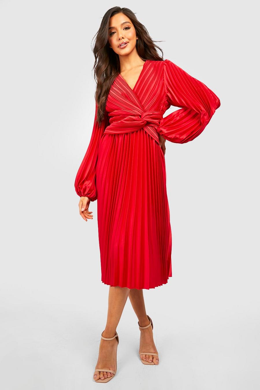 Berry red Pleated Satin Twist Detail Midi Dress