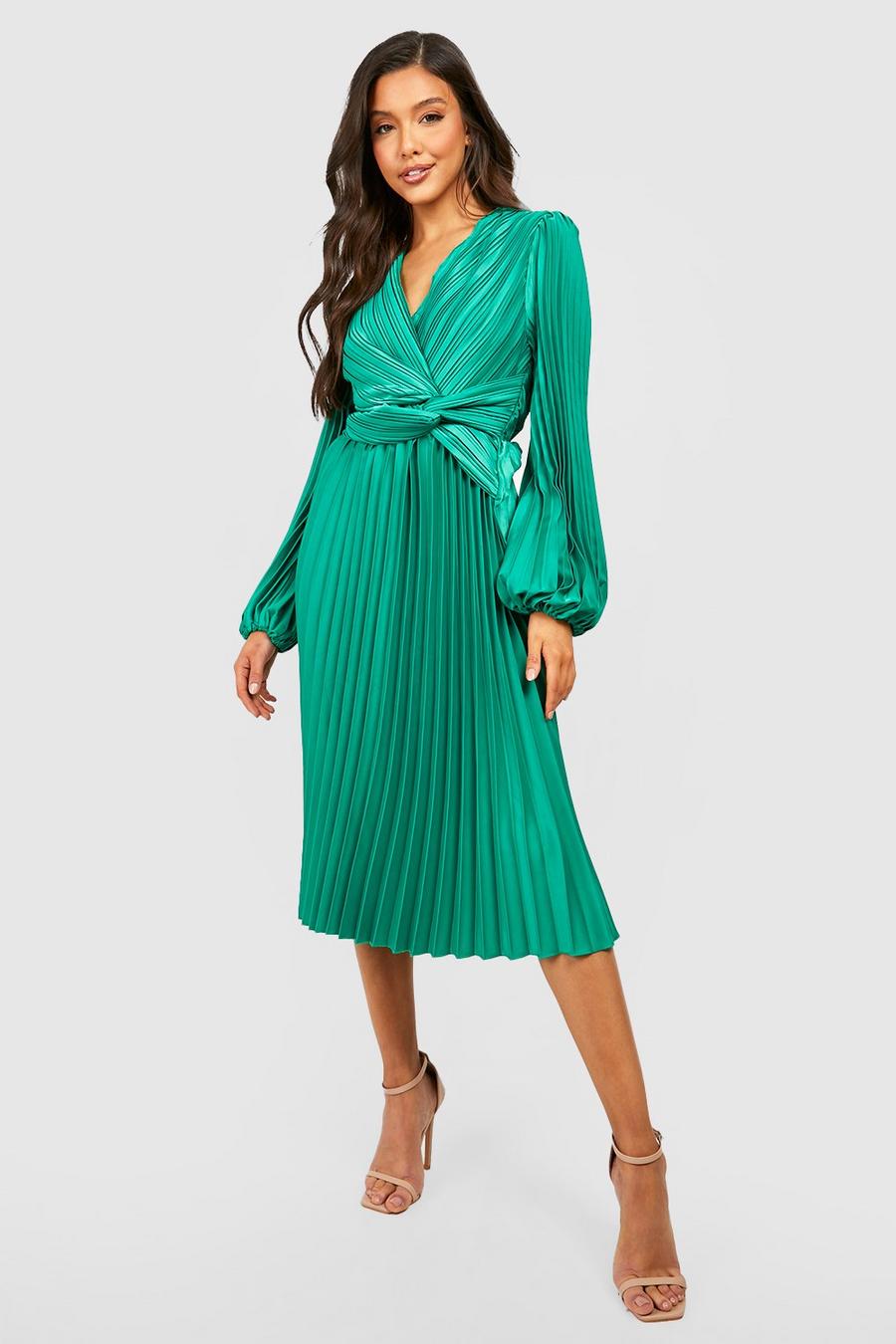 Green Pleated Satin Twist Detail Midi Dress image number 1