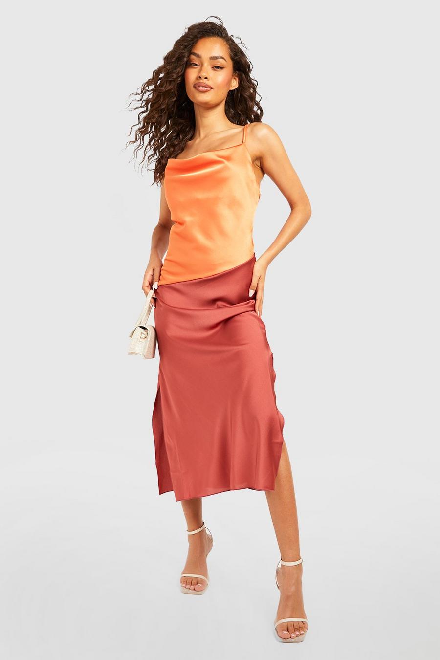 Orange Satin Colour Block Slip Dress image number 1