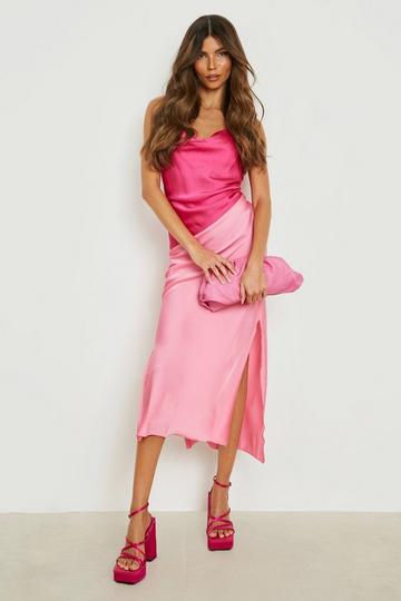 Satin Color Block Slip Dress pink