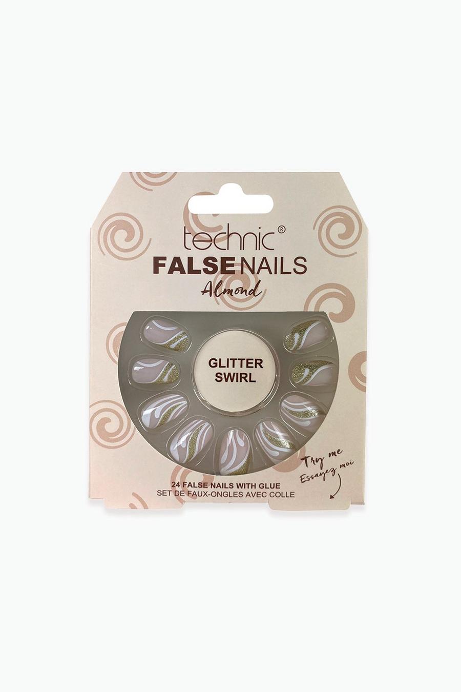 White Technic False Nails - Almond, Glitter Swirl image number 1