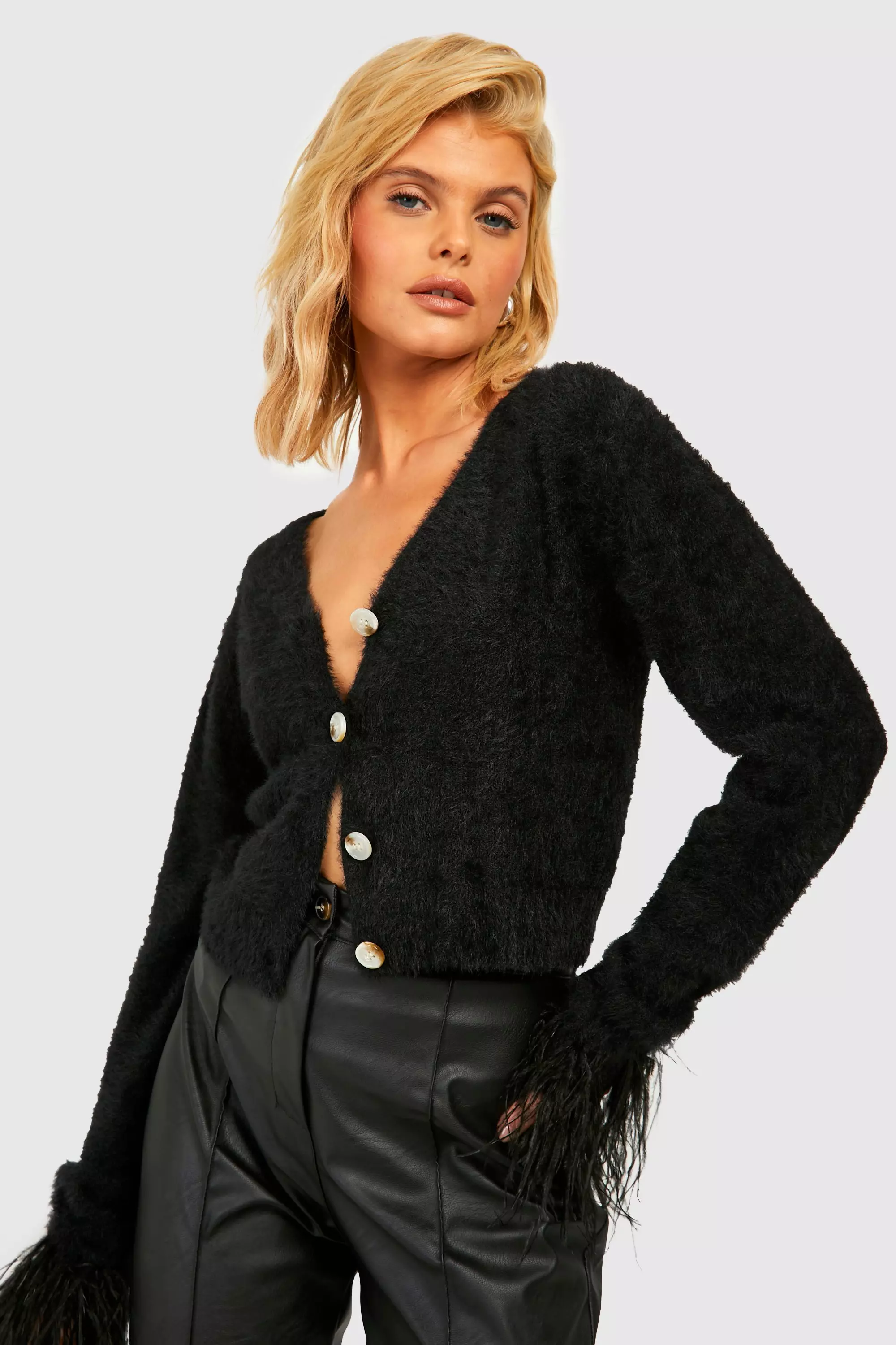 Black fluffy shop cropped cardigan