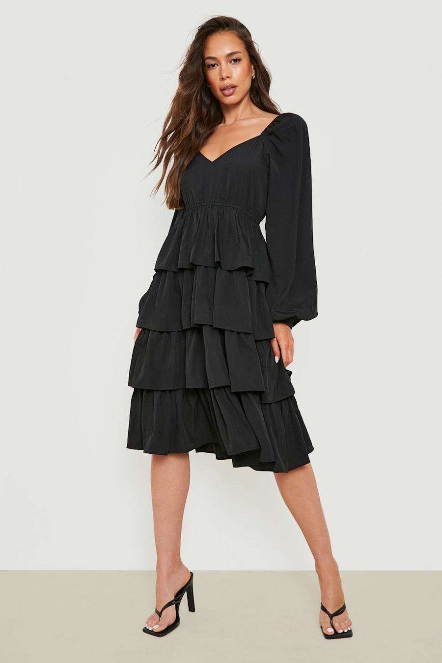Black Ruffle Tiered Midi Dress image number 1
