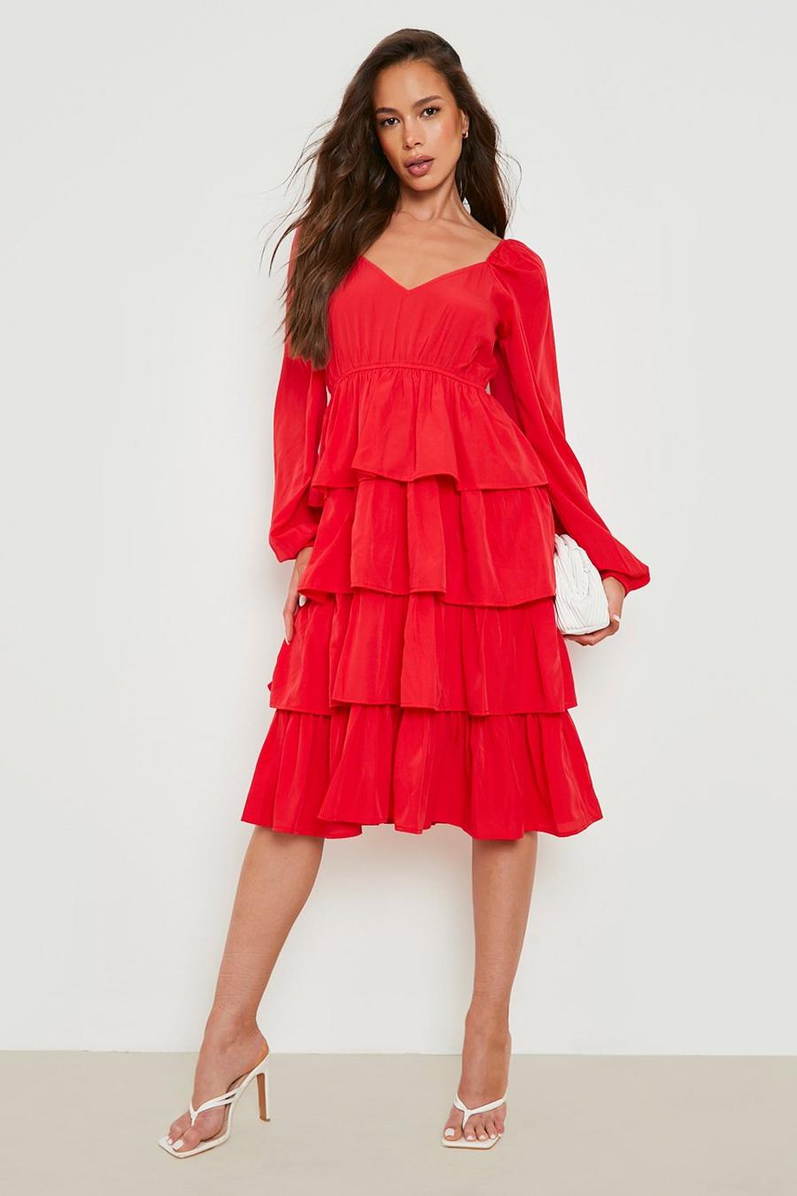 Red Ruffle Tiered Midi Dress