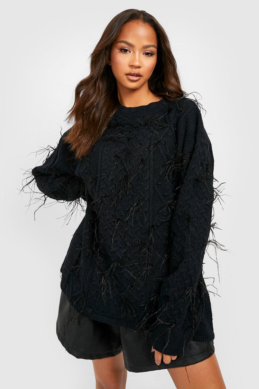 Black All Over Feather Oversized Sweater image number 1