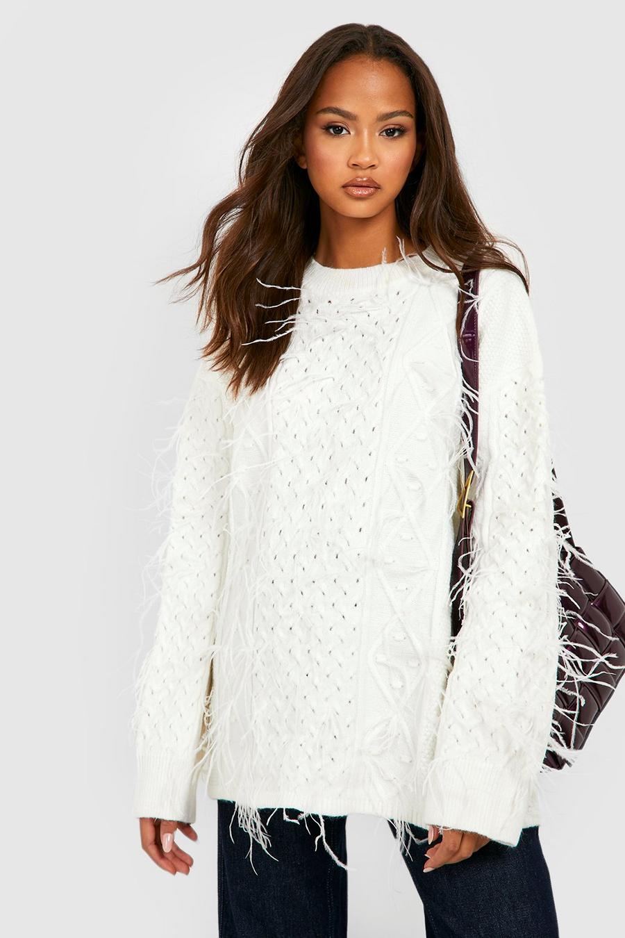 Ivory All Over Feather Oversized Jumper image number 1